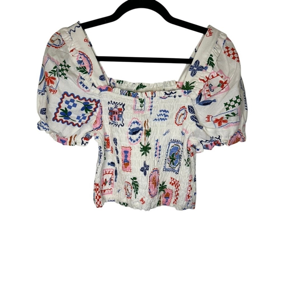 Monteau Los Angeles Crop Top Smocked Square Neck Puff Sleeve Novelty Print M NWT
